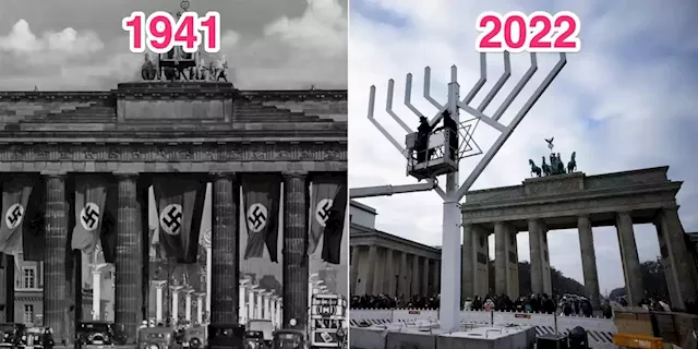 A 10-metre-high Jewish menorah lit up Berlin's 234-year-old Brandenburg Gate, once a symbol of Nazi power | Business Insider