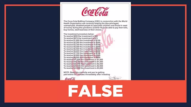 FALSE: Coca-Cola partners with WHO for investment program