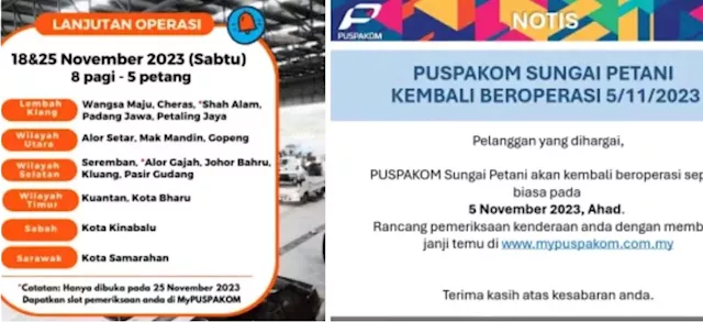 Puspakom extends operations on Saturdays, Nov 18 and 25 – Sg Petani branch now back in business