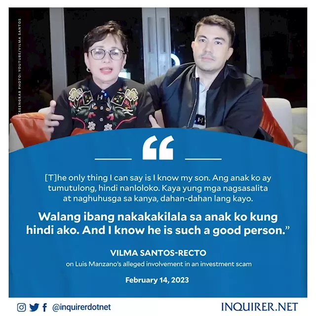 Vilma Santos speaks up on Luis Manzano’s alleged involvement in investment scam: ‘Ang anak ko ay hindi nanloloko’