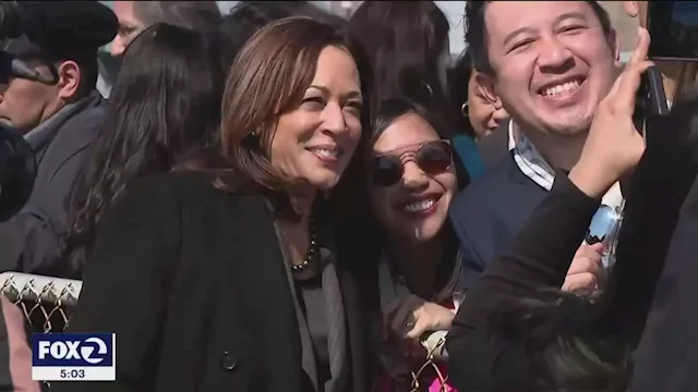 Vice President Kamala Harris talks with small business owners in San Francisco's Chinatown