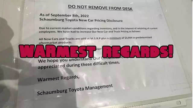 Toyota Dealer Claims That It Must Charge At Least $3,994 In Add-Ons Due To 'Market Conditions'