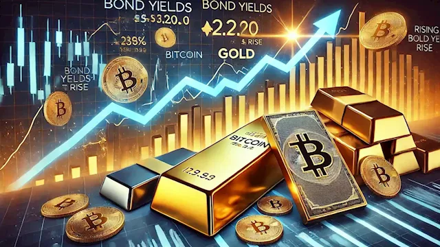 Rising bond yields weigh on stocks and Bitcoin; gold continues trek higher