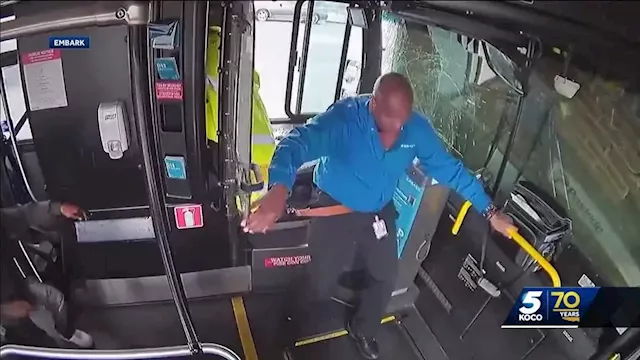 Video shows moment bus slams into Oklahoma City business after driver was attacked