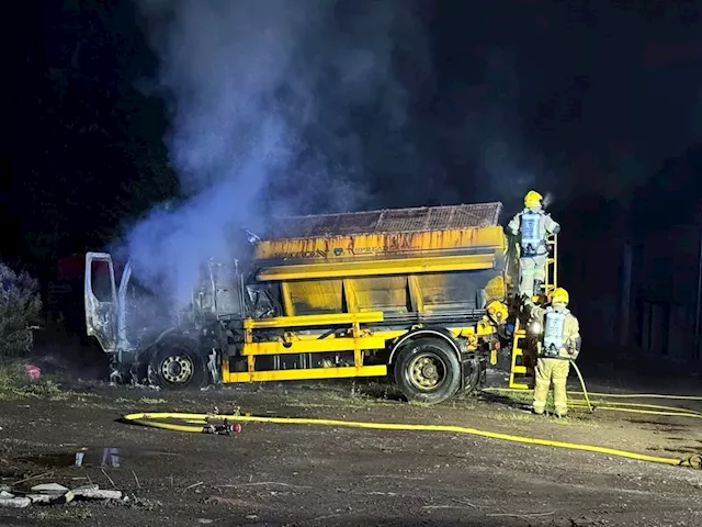 Gritter lorry destroyed in fire near Market Drayton